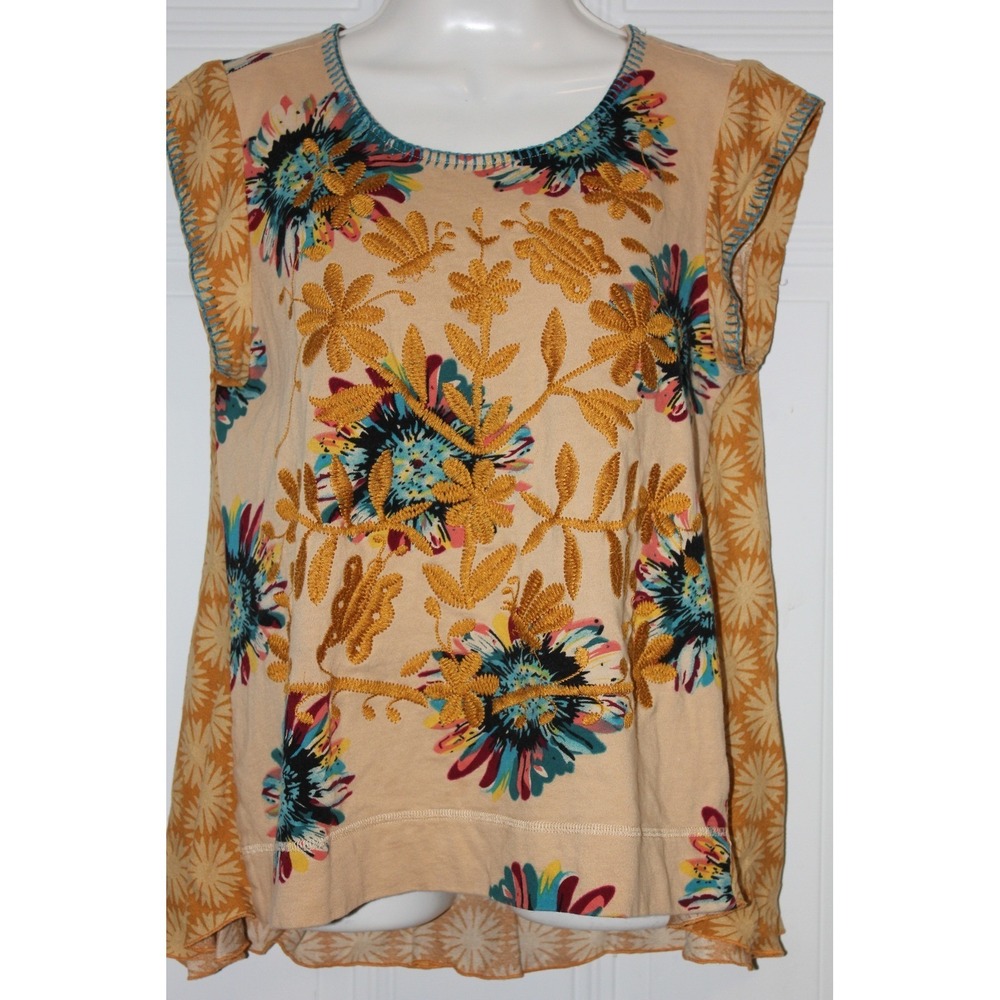 Ivu‎ Jane Embroidered Floral Tunic Top SZ Large Artisan Textured Substantial Sun